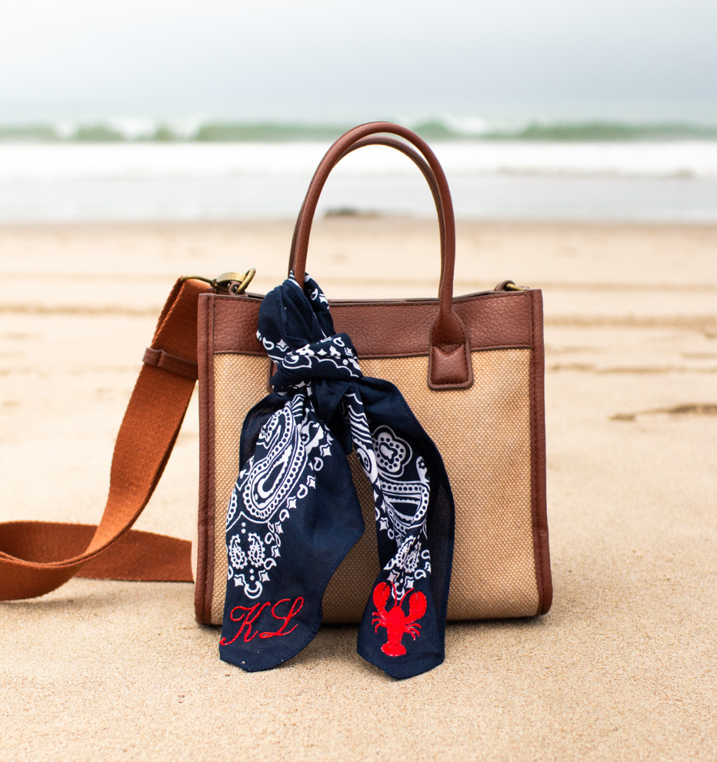 Personalized Embroidered Bandana Bag Charm | Custom Initials & Icon Scarf for Purses, Beach Bags & Totes